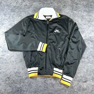 J.Lindeberg Full Zip Track Jacket Men's Medium Gray White & Yellow Stripe